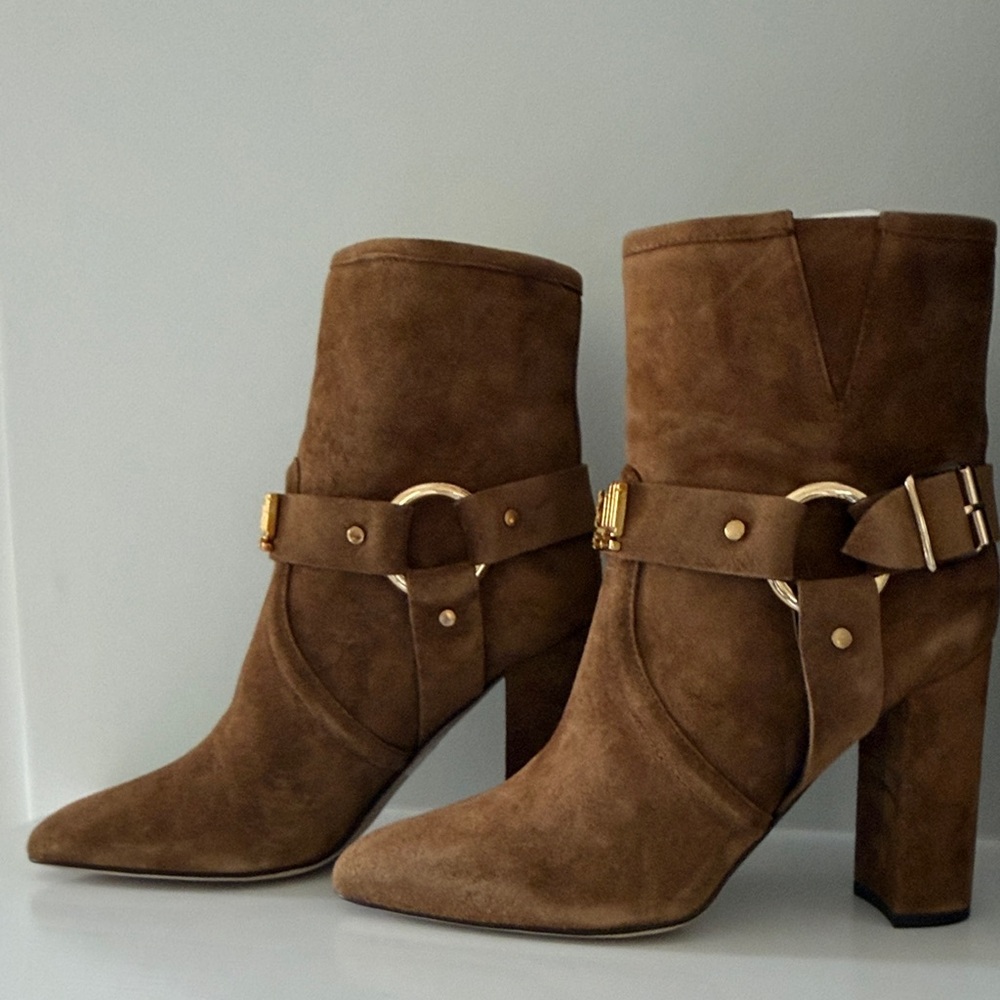Cavalli Class Brown Suede Ankle Boots with Gold Hardware